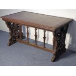 A mid-19th century oak centre table in Italianate Renaissance style, marquetry chequer board-style