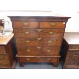 An early 18th century walnut chest-on-stand, two half-width over three full-width graduated