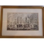 A gilt framed and glazed (later) black ink maritime sketch of men of war moored up along a coastline