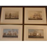 Four hand-coloured framed and glazed 19th century maritime engravings: 'The Defeat of a French