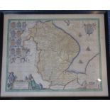 An ebonised framed and glazed (later hand-coloured early map engraving 'Lincolnia Comitatvs', (