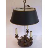 A bronze lamp in the classical style; circular adjustable tapering tin shade of three lights