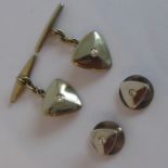 A pair of triangular white-metal, apparently unmarked, cufflinks, each centred with a diamond;