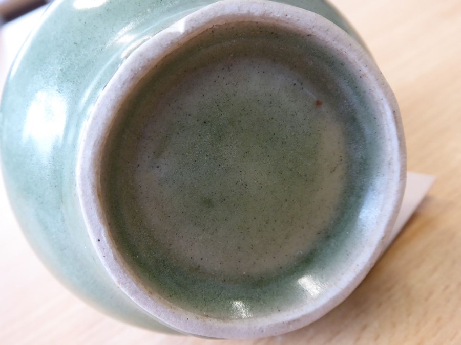 A Chinese Southern Song period small celadon glaze bottle vase; the lip above a slightly tapering - Image 7 of 16