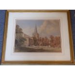 A large early 20th century gilt-framed and glazed watercolour, country churchyard scene with sheep