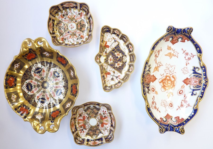 Five Royal Crown Derby trinket trays: Large salver – 7in, 6264-1901; Square, 3.25in, 2451-1937; - Image 2 of 2