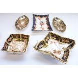 Five Royal Crown Derby trinket trays: Slim oval – 4.5in, 2451-1896; Slim oval, 1128-1897; Square,