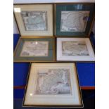 Five  mostly mid-19th century hand-coloured map engravings to include 'Surrey', 'Somersetshire', '
