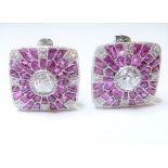 A pair of Deco style ruby and diamond cluster ear studs
