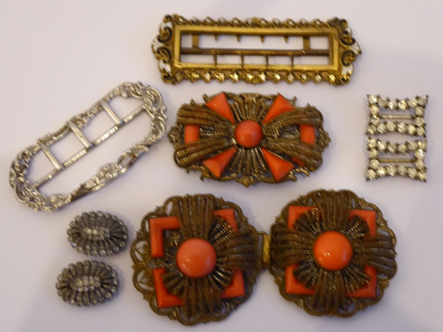 An interesting selection of nine buckles to include early 20th Century diamante shoe buckles; - Image 2 of 2