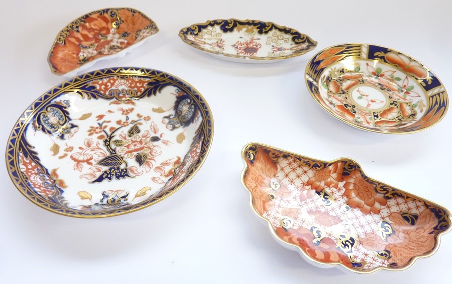 Five Royal Crown Derby trinket trays: Slim oval, 3788-1904; Oyster 4in, 2444 - c.1910; Fan, 2444-