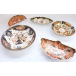 Five Royal Crown Derby trinket trays: Slim oval, 3788-1904; Oyster 4in, 2444 - c.1910; Fan, 2444-