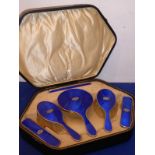 A very fine early 20th century hexagonal cased hallmarked silver and blue enamel six-piece