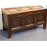 A late 17th century panelled oak chest, the hinged lid with moulded batons surrounding three fielded