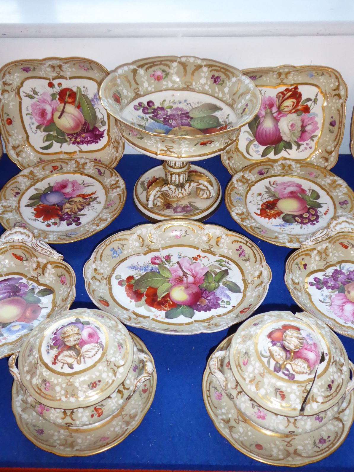 A fine early 19th century Coalport Feltspar porcelain dessert service comprising four square dishes, - Image 44 of 45