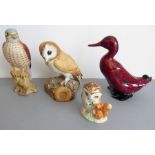 Four ceramic figures: a Royal Crown Derby barn owl (tiny piece of tip of wing re-affixed), a Beswick