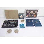 A selection of proof and uncirculated UK coin sets and individual coins; includes 1965 sterling