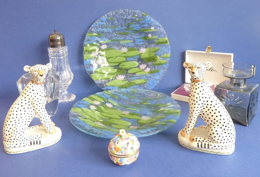 An interesting selection of ceramics and glassware; to include two hand-decorated plates (some