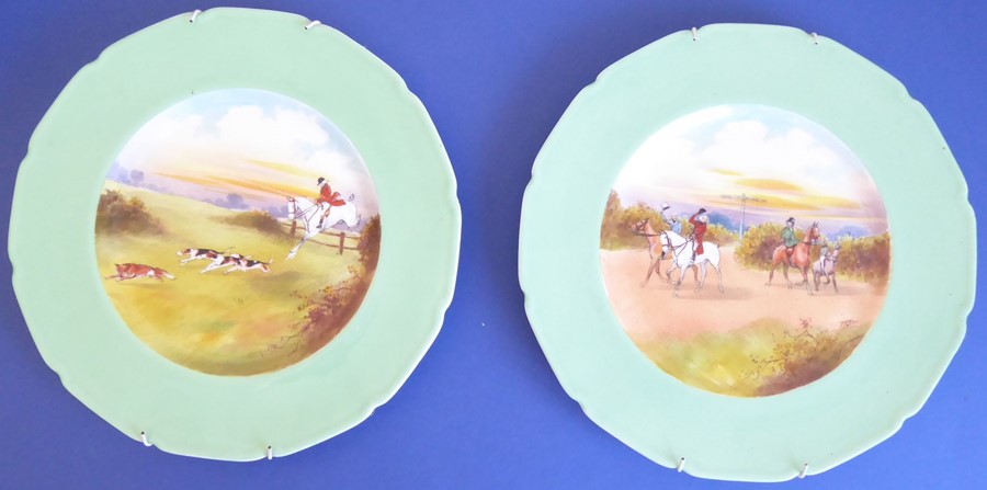 A pair of signed 1920s / 1930s Royal Doulton cabinet plates decorated with hunting scenes; - Image 2 of 5