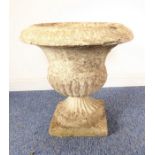 A large verdigris reconstituted-stone garden urn planter, (52cm diameter)