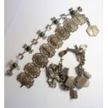 Two silver and one white-metal bracelet: a silver bracelet set with cabochon malachite-style stones;