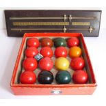 A boxed set of snooker balls (ten reds) (the ball 4.5cm diameter) together with a scoring board