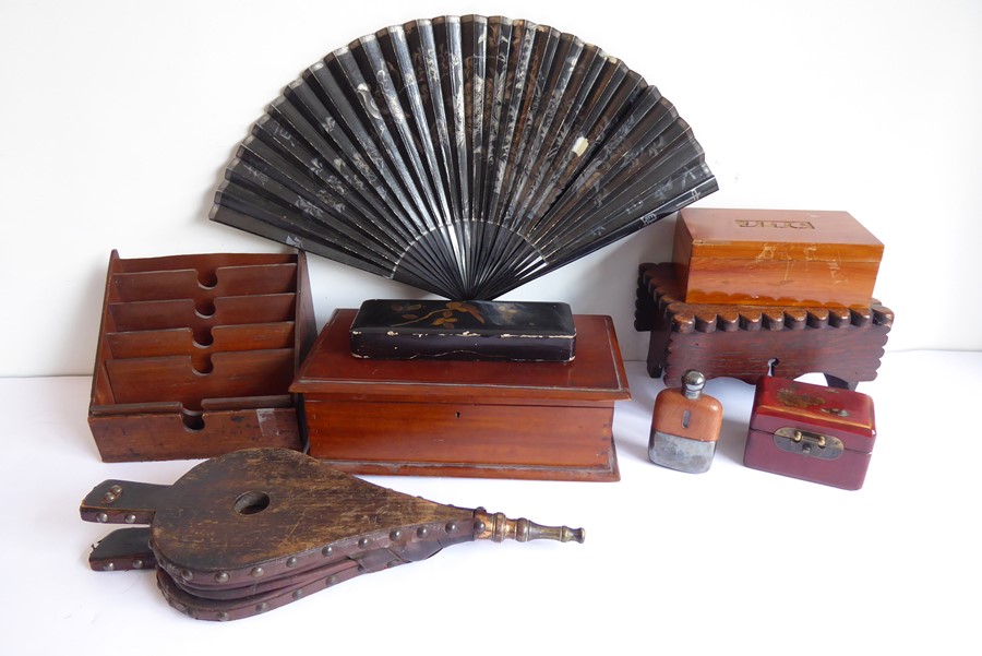 A mixed lot of mostly treen etc.; to include an Edwardian desk tidy, a pair of oak bellows,