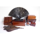 A mixed lot of mostly treen etc.; to include an Edwardian desk tidy, a pair of oak bellows,