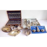 An early 20th century oak-cased set of twelve silver-plated fish-eaters together with other