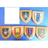 Six shield-shaped wall mounted Royal Marine Regimental plaques including 43 Commando, 45 Commando,