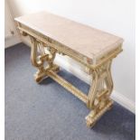 A French marble-topped console table, gilt highlighted and the two end supports modelled as lyre (