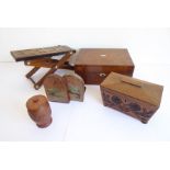 Various treen to include: a 19th century walnut jewellery box with lift-out interior, an oak
