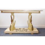 An unusual French marble-topped console table, the rectangular marble above two supports modelled as