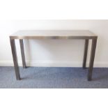 A brushed-steel industrial-style side table on square legs (122cm wide, 38cm deep, 76cm high)