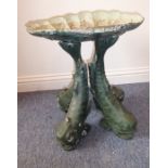 A painted lead fountain stand (probably early 20th century); the dish in the form of a scallop shell