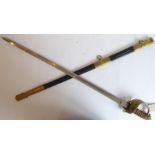 19th century style (reproduction) brass naval sword within brass-mounted leather scabard, the handle
