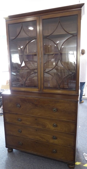 A good early 19th century George III period mahogany secretaire bookcase; outset cornice above two