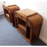 A showy pair of French marble-topped Art Deco-style mahogany/walnut side cabinets, each with