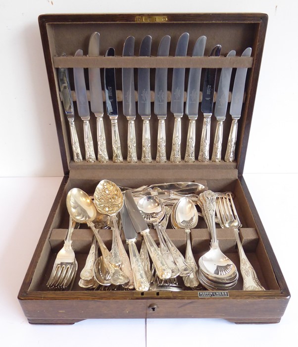 A mahogany-cased six-place silver-plated cutlery canteen; the cutlery double-struck in the Kings