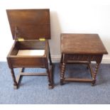 An early 20th century oak joint stool in 17th century style with bobbin-turned legs united by