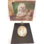 A framed hand-painted portrait miniature of a lady together with an unframed watercolour of two dogs
