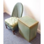 A green-painted Lloyd Loom nursing-style chair together with a similarly coloured Lloyd Loom laundry