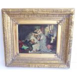 A 19th century oil on board painting; 17th/18th century scene of a maid tipping a basket of