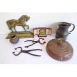 Various metalware to include a heavy brass doorstop modelled as a Suffolk Punch horse, a 19th