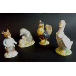 Four Beatrix Potter figures: Diggory Diggory Delvet (1982), Sally Henny Penny (1974), Johnny Town-