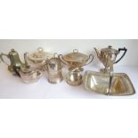A selection of mostly early 20th century silver plate to include coffee pots, a Sheffield plated