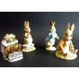 Four Beatrix Potter figures: Peter Rabbit (gold writing to underside, right ear re-glued), Fierce