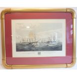 A gilt-framed and glazed coloured engraving, 'Sending on Board the Admiral for Letters at Sea' (38cm