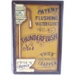 A humorous framed wall hanging 'Thunderflush No1 Patent Flushing Water Closet'