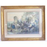 A mid-19th century lithograph in original frame; romantic scene of 17th century soldiers,